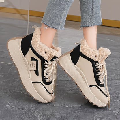 Women'S Winter Snow Boots with Thick Cushioned PVC Sole for Height Increase - Slip-Resistant Traction, Synthetic Faux Leather Upper & Plush Lining, Beige/Black Colorway - All-Terrain Traction for Ice, Snow, and Casual Wear -