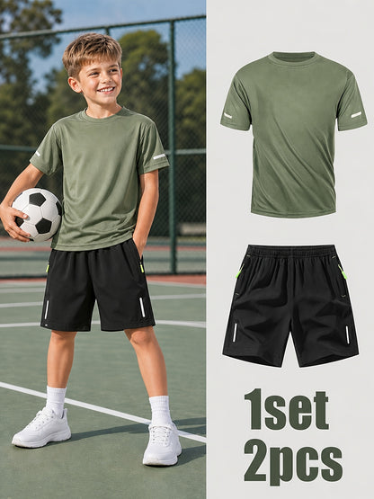 Boys' Quick-Dry Summer Shirt & Shorts Set with Reflective Strips