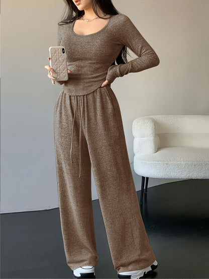 Casual Two-Piece Set with Crew Neck Sweatshirt & Wide-Leg Pants