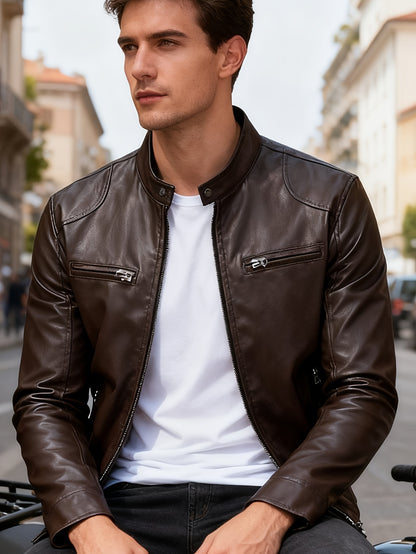 Men's Slim Fit Faux Leather Biker Jacket with Stand Collar