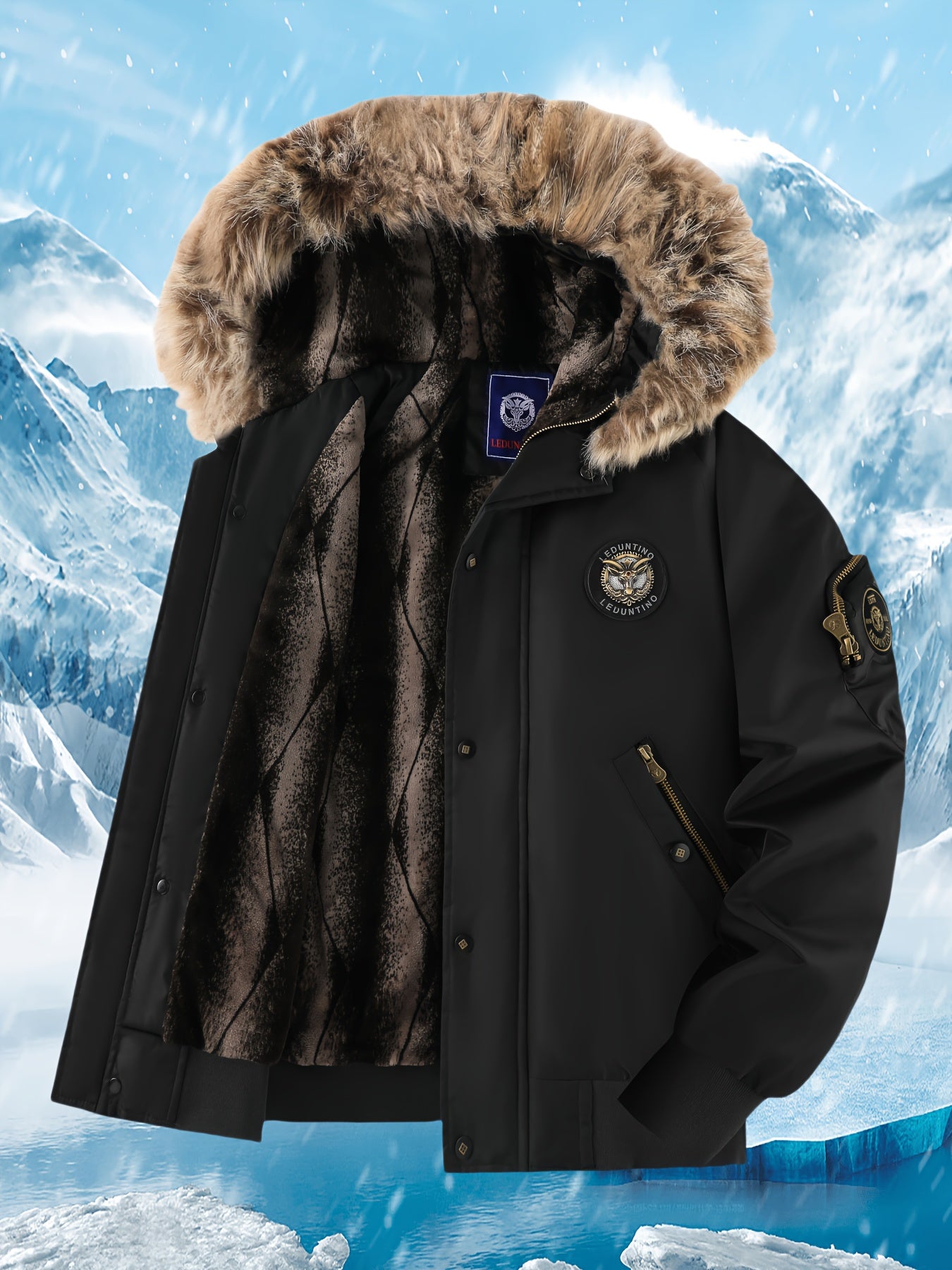 Men's Winter Coat - New Warm Hooded Jacket with Golden Print Accents, Loose Fit Casual Outerwear for Cold Weather, Machine Washable, Thick Comfort Plush Lining