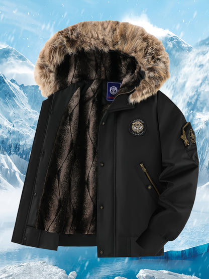 Men's Winter Coat - New Warm Hooded Jacket with Golden Print Accents, Loose Fit Casual Outerwear for Cold Weather, Machine Washable, Thick Comfort Plush Lining