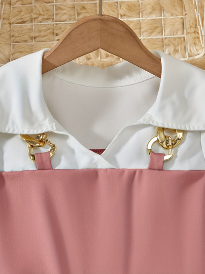 Girls' Casual Short-Sleeve Dress with Golden Chain Accent