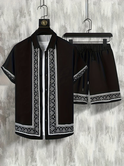 Men'S Two-Piece Set Consisting of a Casual Short-Sleeve Button-Up Shirt And Drawstring Pants, Perfect for Summer Wear.