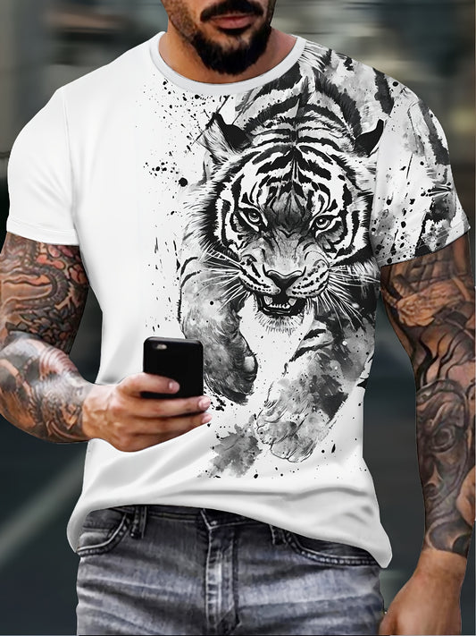 Men'S 3D Tiger Print T-Shirt - Casual Streetwear Short Sleeve, White with Black  Gray Tiger Design, Comfortable Summer Polyester Tee for Casual Attire, Urban Style Apparel   Tiger Graphic Tee   Quality Embroider