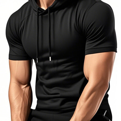 1pc Twisted Cool Men's Hooded Short Sleeve T-Shirt - Solid Black Casual Streetwear, Regular Fit, Hand Wash Only, Summer Essential for Everyday Comfort