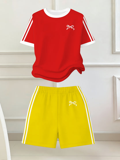 Girls' Butterfly Print Bow Short Sleeve Tee & Shorts Set
