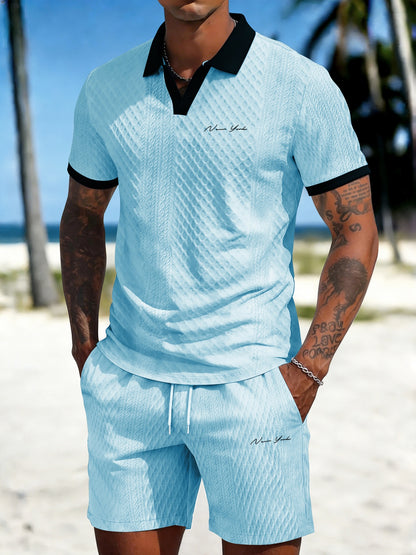 Men's Casual Summer Knitted Polo Set with Geometric Pattern