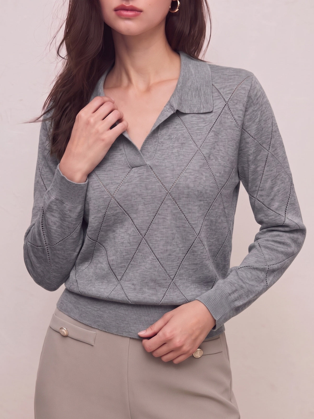 Elegant Women's Polo Neck Argyle Sweater with Loose Fit