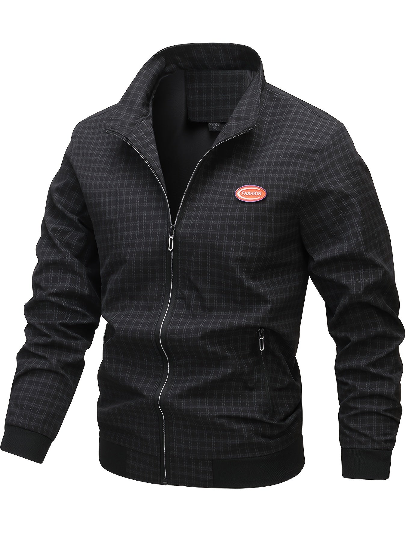 Men's Casual Outdoor Jacket - Spring/Fall Softshell Jacket with Checkered Pattern, Long Sleeves, and Zipper Closure