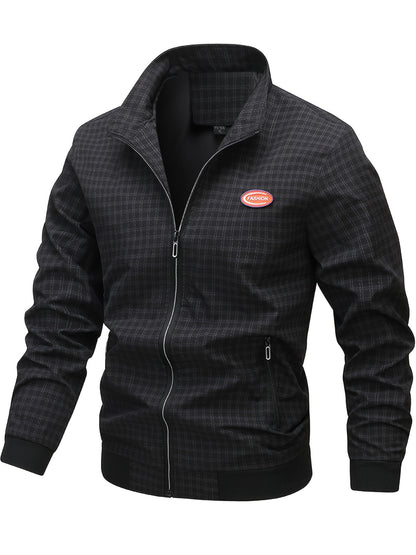 Men's Casual Outdoor Jacket - Spring/Fall Softshell Jacket with Checkered Pattern, Long Sleeves, and Zipper Closure