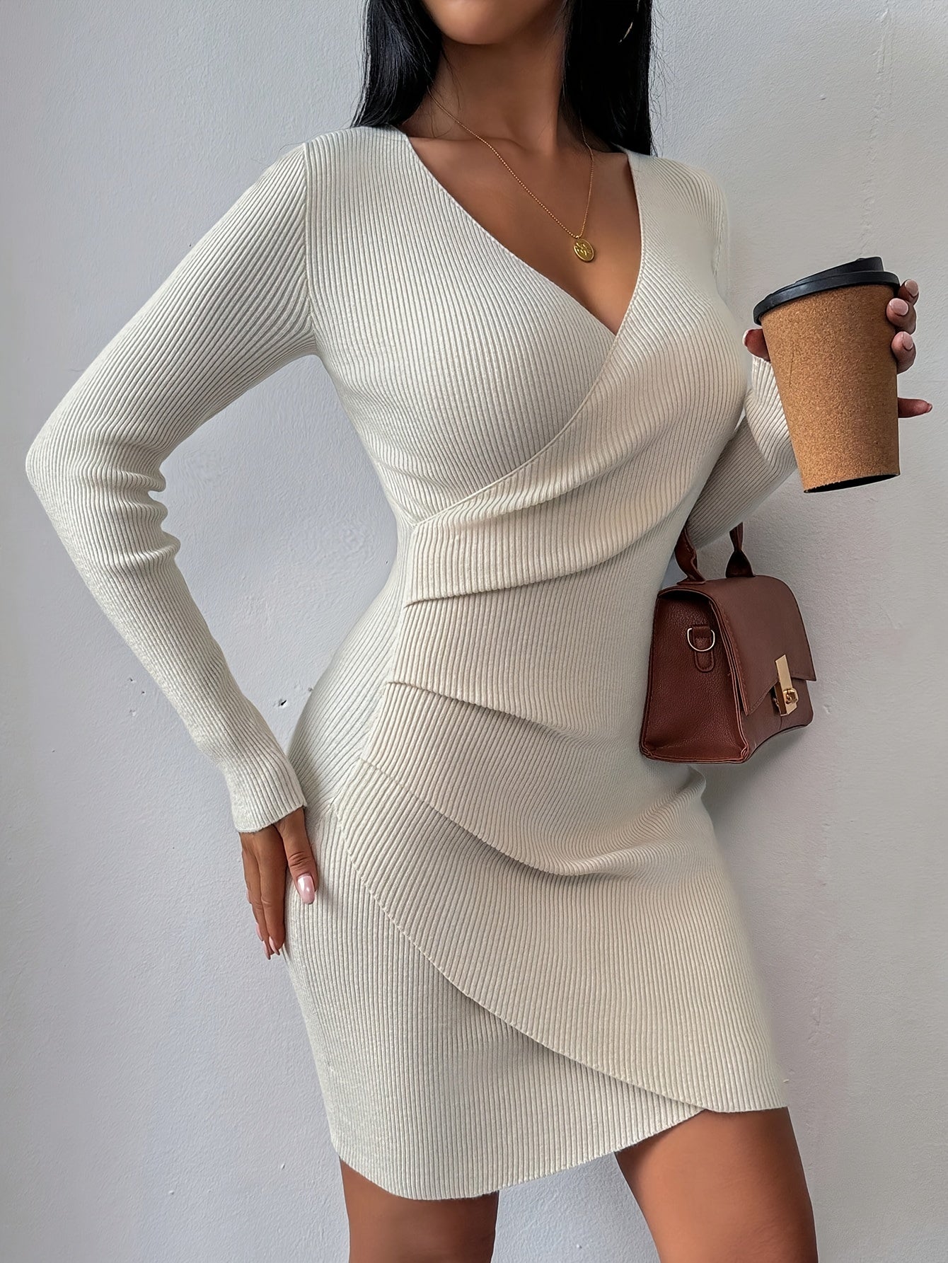 New Autumn and Winter Slim Fit V-Neck Dress Stretchy and Flattering Wrap Design, Elegant Solid Color Mini Dress for Work and Dates
