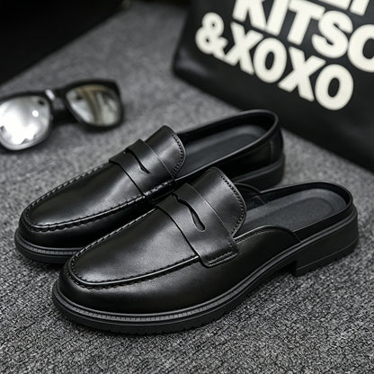 Men's Casual British-Style PU Slip-On Slippers with Round Toe