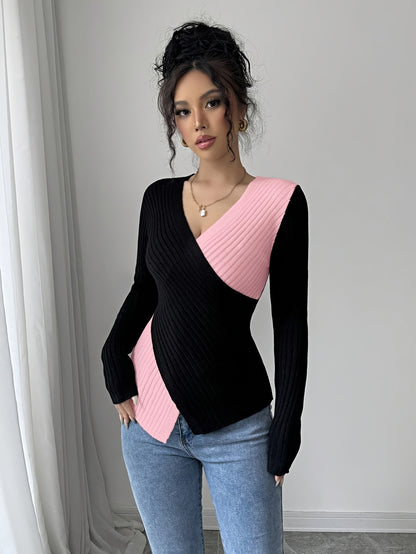Women'S Elegant Color Block Long Sleeve T-Shirt - V-Neck, Slim Fit, & Pink, Comfortable & Stylish for Spring/Fall, Versatile Casual or Dressy Outfits, Versatile Fashion | Vneck Top | Construction, Ladies T Shirts