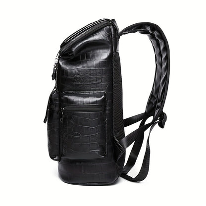 Unisex Backpack with Crocodile Texture, Large Capacity, Anti-Theft, Multi-Compartment, Fits 14-inch Laptop, Casual Travel  Business Commute, Minimalist Style, No Battery - Black