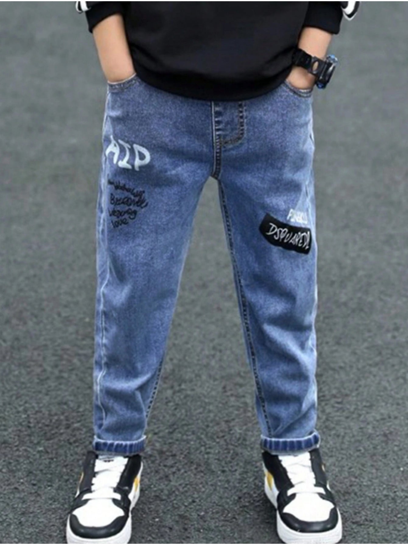 Casual Teen Letter Print Cuffed Cotton Jeans