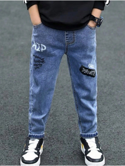 Casual Teen Letter Print Cuffed Cotton Jeans