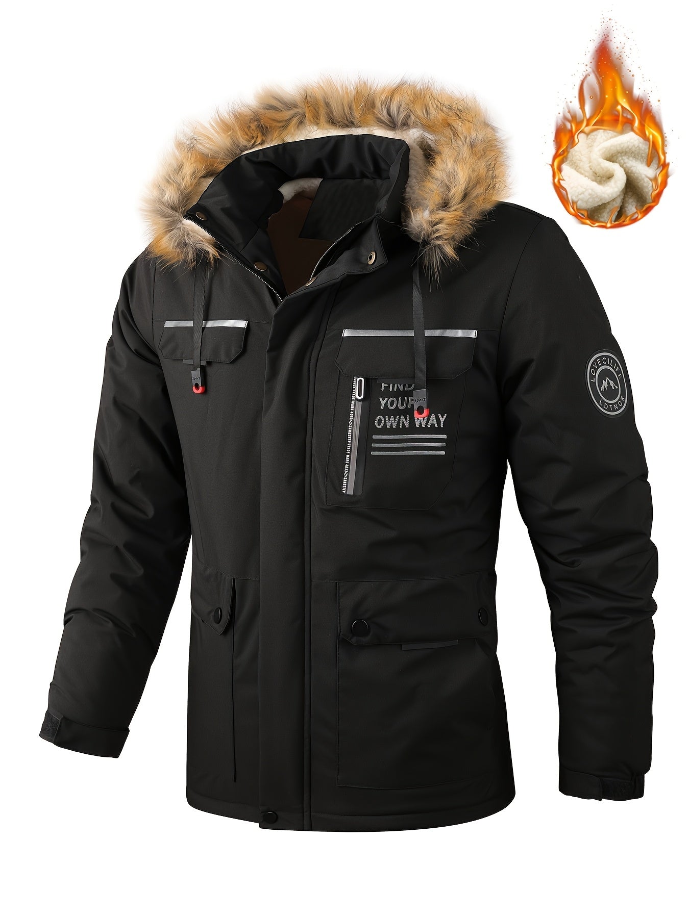 Men'S Heavy-Duty Winter Jacket with Fur-like Hood Collar - Thermal Insulated Cold Weather Coat, Full-Zip Front, Zippered Pockets - Beige/ for Everyday & Formal Outfits - Non-Stretch Outer Shell, Outdoor Outerwear, Casual Styl