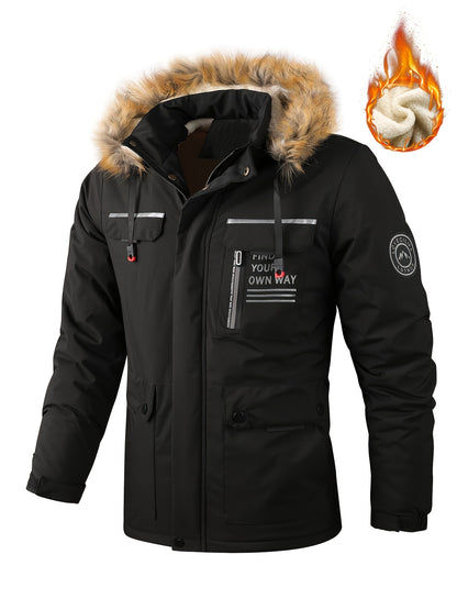 Men'S Heavy-Duty Winter Jacket with Fur-like Hood Collar - Thermal Insulated Cold Weather Coat, Full-Zip Front, Zippered Pockets - Beige/ for Everyday & Formal Outfits - Non-Stretch Outer Shell, Outdoor Outerwear, Casual Styl