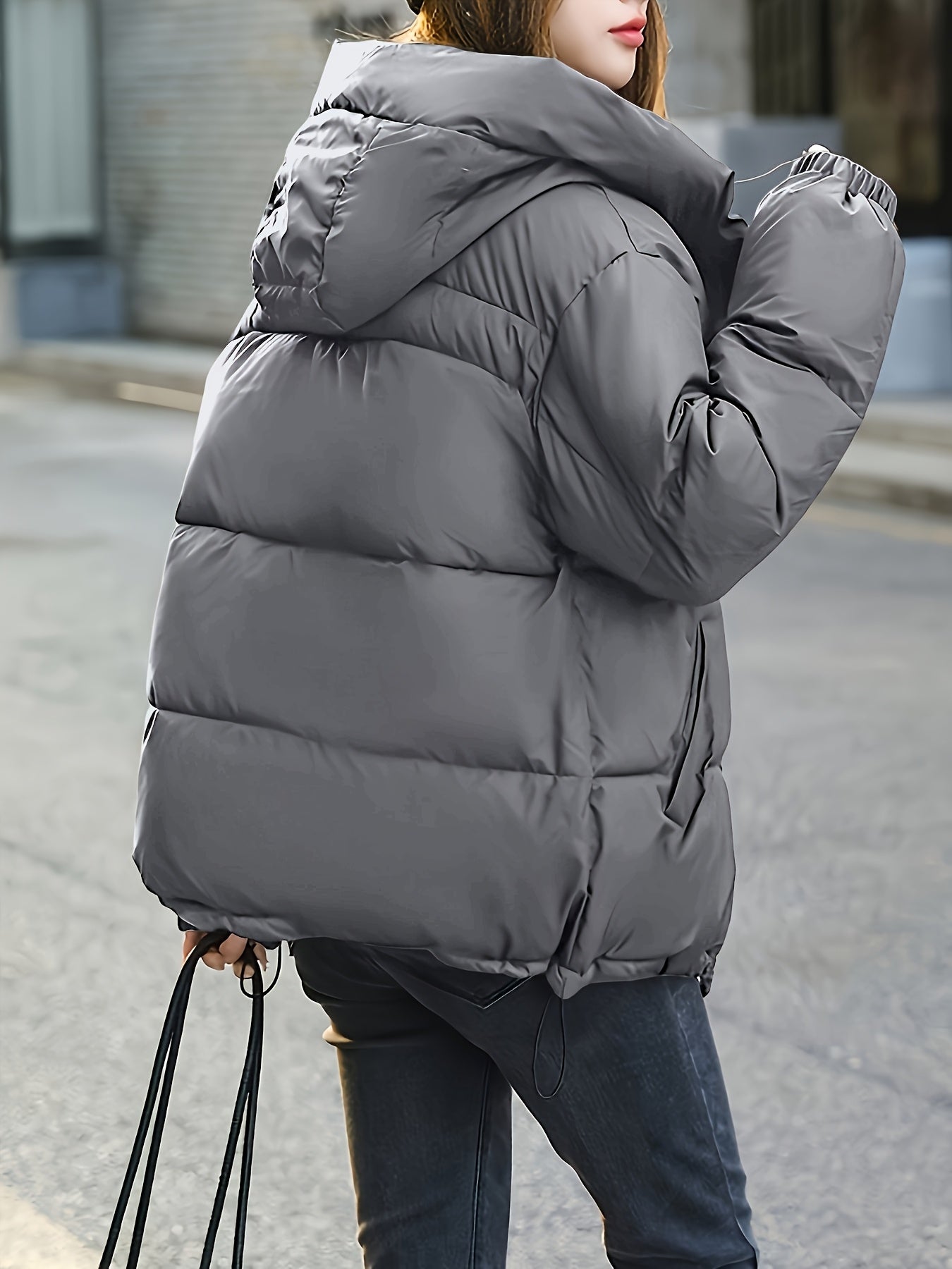 Women'S Stylish Winter Zip-Up Hooded Jacket - Casual Thickened Outerwear with Pockets, Long Sleeve, Non-Stretch Fabric, Solid Color, 100g/m², Perfect for Cold Weather, Winter Clothes