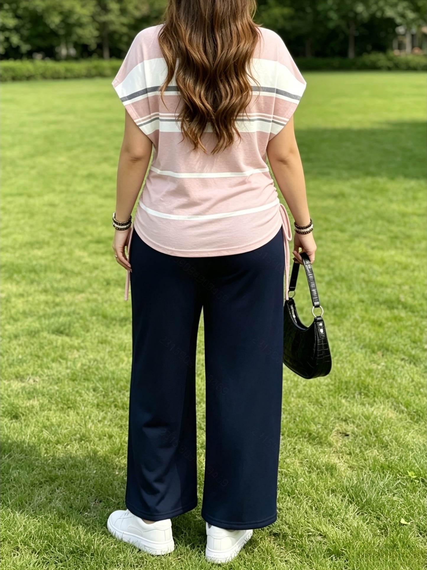 Women's Casual Two-Piece Set with Striped Bow Drawstring