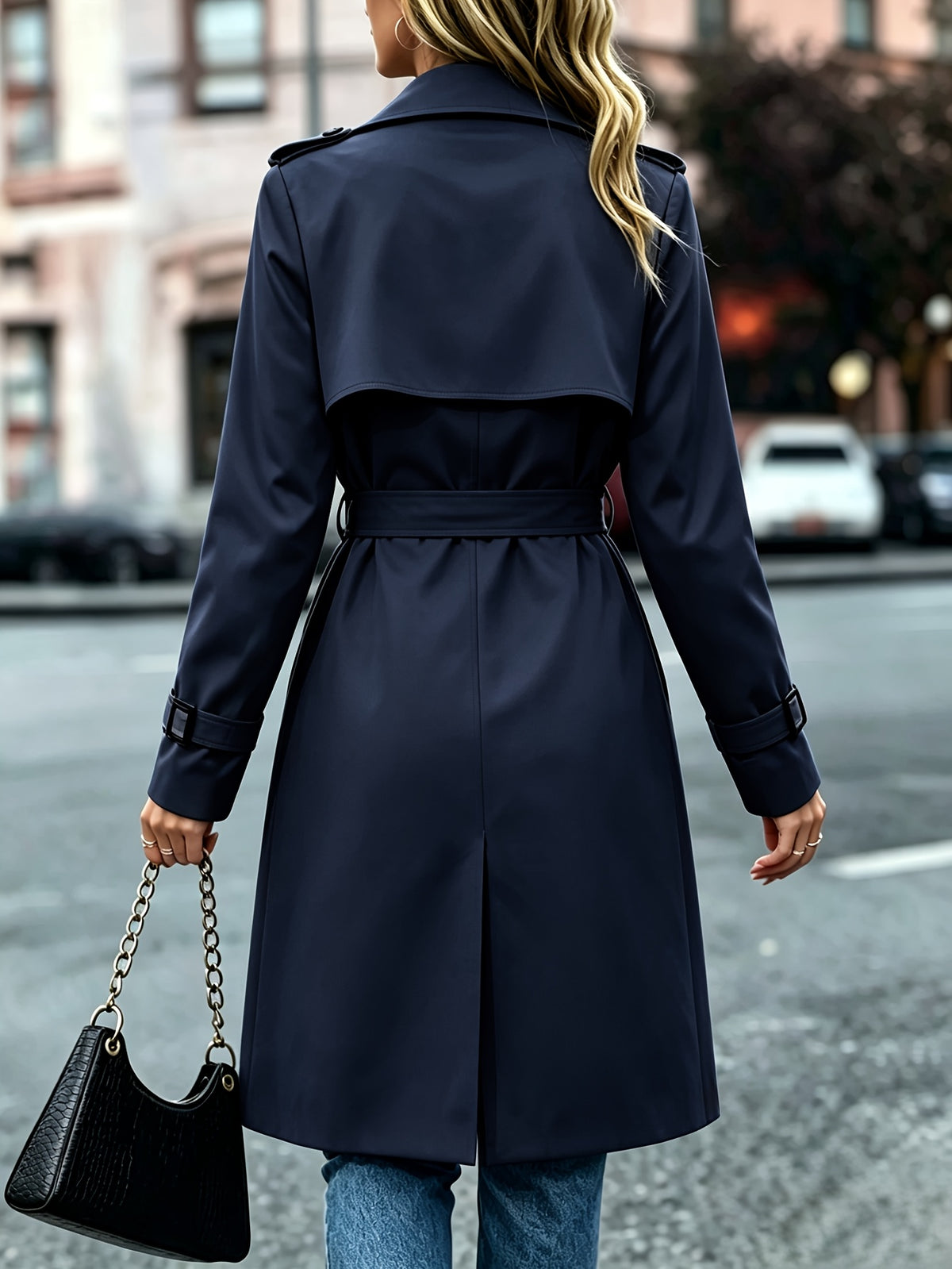 Elegant Solid-Color Double-Breasted Trench Coat with Belt