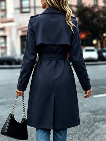Elegant Solid-Color Double-Breasted Trench Coat with Belt