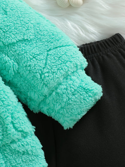 ' Cozy Fleece Hooded Sweatshirt & Pants Set - Warm Winter Outfit with Heart Pattern, Long Sleeve Pullover & Matching Pants, Perfect for Outdoor Play, Casual Style, Regular Fit, Winter Clothes for , Playful Design, Soft Textur