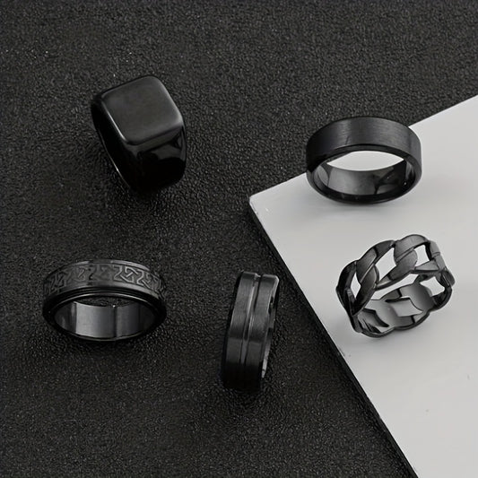A Set of 5 Stylish Stainless Steel Rings Featuring Rotating Black Geometric Designs, Simple Hollow Rings, Perfect for Men'S Wedding Or Dating Accessories.