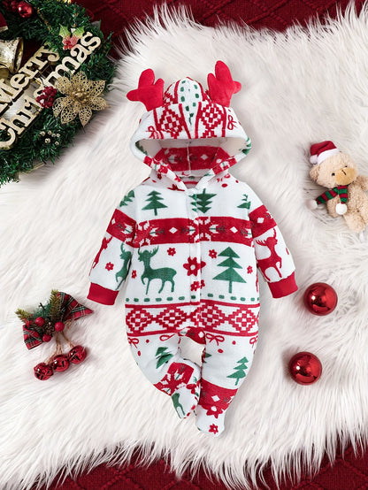 1pc Girls' Winter Warm Hooded Plush Outfit - Soft Long Sleeve Romper with Deer & Tree Pattern, Cozy Fleece Lined Leggings, Red & Green Holiday Design, for Outdoor, Christmas, New Year - Machine Washable, Perfect For Outdoor