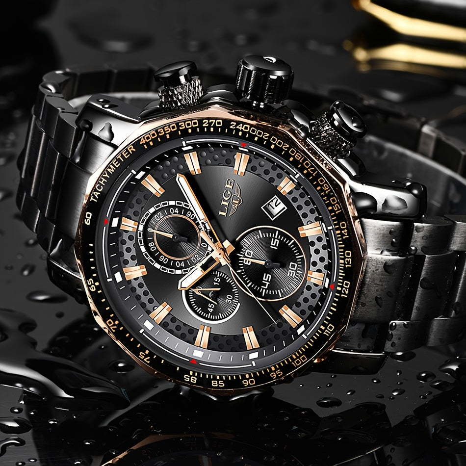 LIGE Watches Fashion Junior Men's Sports Multifunctional Quartz Watch, IP68 Waterproof Watch, Stainless Steel Band, Precision Chronograph, Stopwatch Date Function, Casual Elegant Vintage Style New Watch, Holiday Gifts - ayq