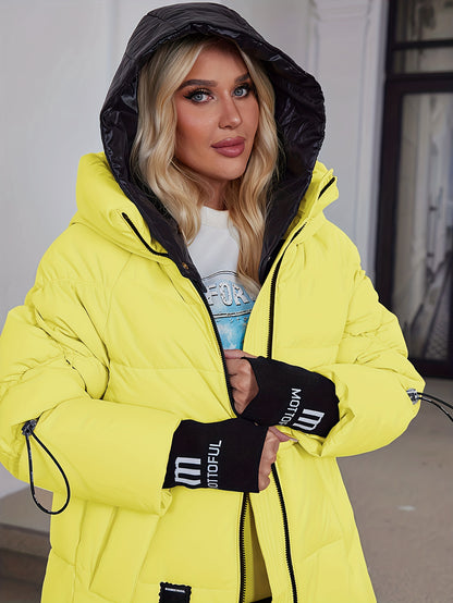 Women's Stylish Beige Puffer Jacket - Casual Warm Winter Coat with Black Trim, Long Sleeves & Zippered Hood, Polyester Fabric for Outdoor Comfort