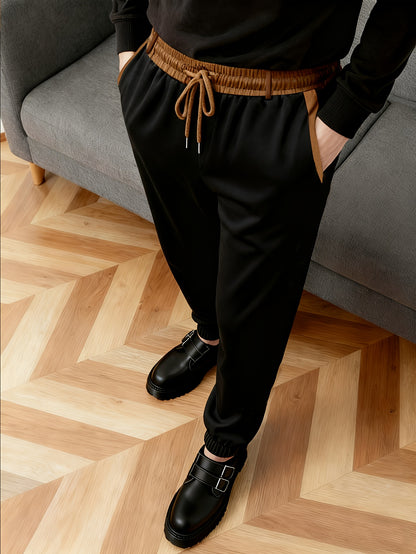 Men's Black Casual Pants with Drawstring & Cuffed Hem