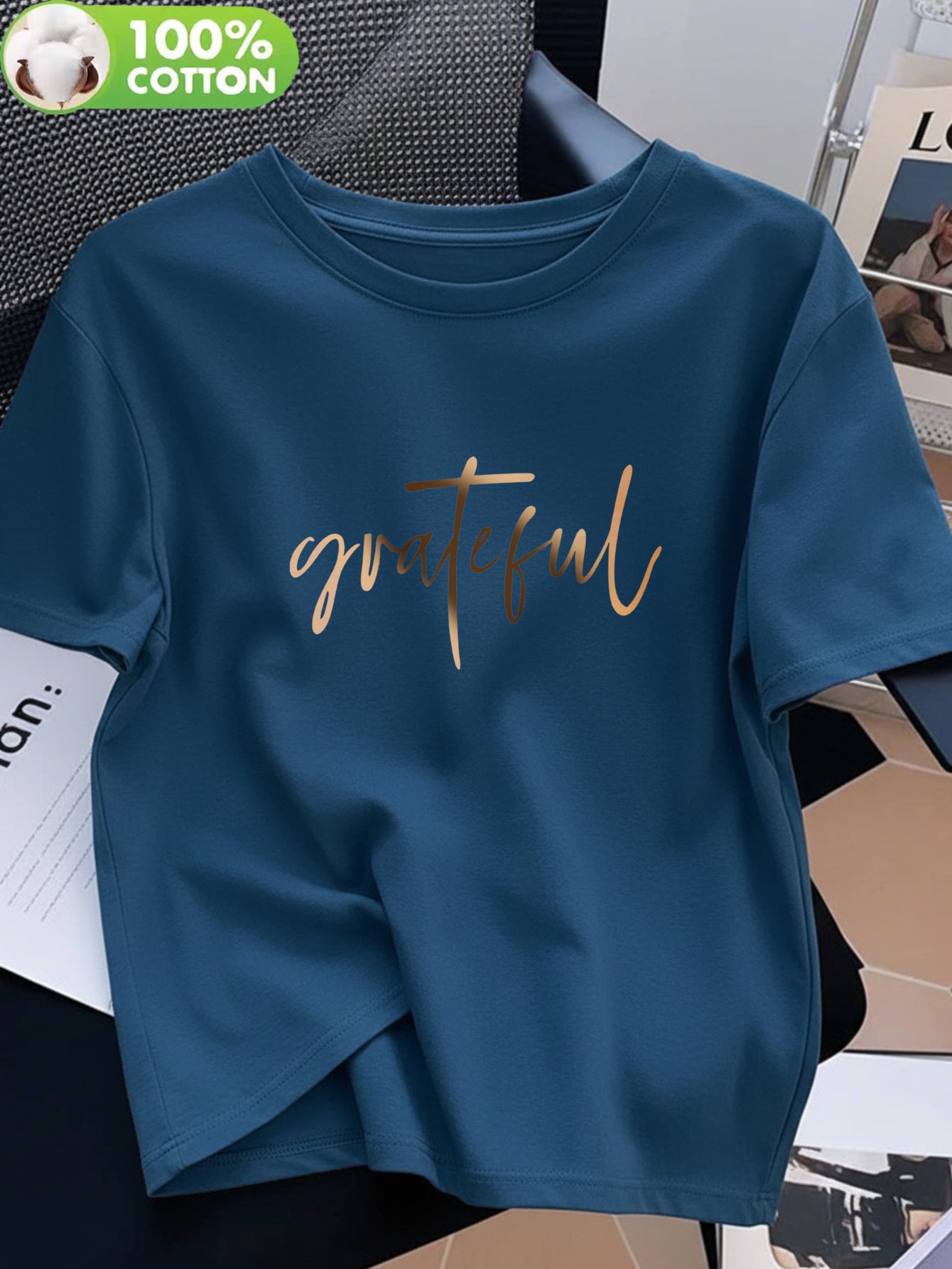 Women's 100% Cotton Casual T-Shirt with 'Grateful' Print
