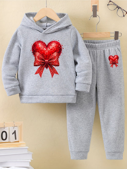 Girls' Autumn and Winter Thickened Hoodie Sports Two-Piece Set, Red Heart Bow Print Hoodie + Pants Outfit, Soft Light Beige-Friendly Fabric, Comfortable Warm Non-Shedding, Suitable for Outdoor Play, School, Holiday Gatherings