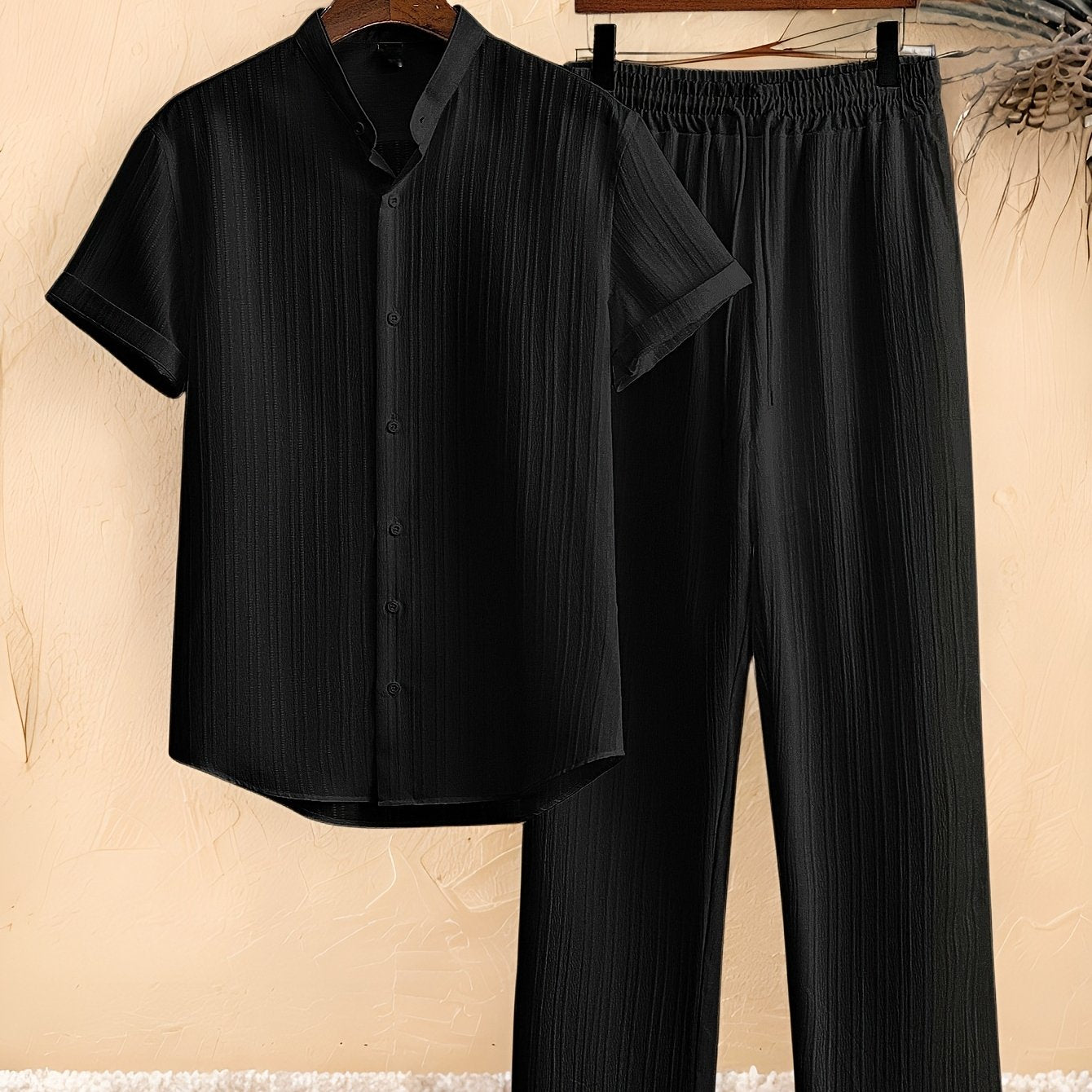 Casual 2pcs Set: Short Sleeve Stand Collar Shirt + Tie Straight Leg Pants, Suitable for Vacation Beach Outdoor Leisure Party
