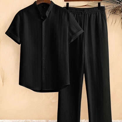 Casual 2pcs Set: Short Sleeve Stand Collar Shirt + Tie Straight Leg Pants, Suitable for Vacation Beach Outdoor Leisure Party