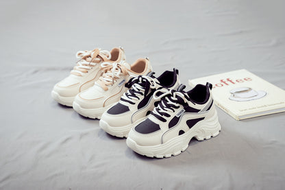 Women's Trendy Chunky Sneakers - Breathable Lace-Up Dad Shoes with Thick PVC Sole, White  Beige Two-Tone Design, Versatile Low-Top Style for Casual Attire