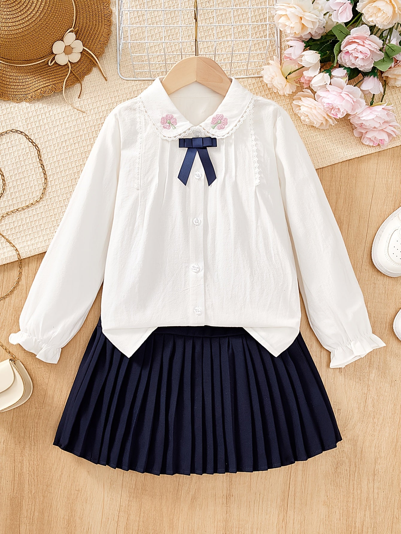 Girls' Preppy 2-Piece School Set with Lace Blouse & Pleated Skirt