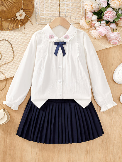 Girls' Preppy 2-Piece School Set with Lace Blouse & Pleated Skirt