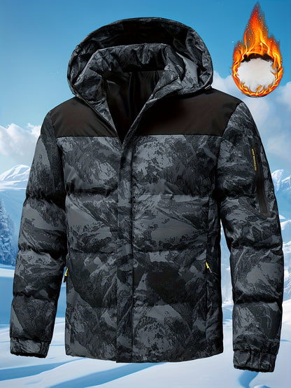 Men'S Heavyweight Winter Jacket - Windproof Thermal Insulated Hooded Coat with Full-Zip Closure, Adjustable Hood & Zippered Arm Pockets - Cold Weather Skiing, Snowboarding, Outdoor Activities - Black/White Camo Pattern - Poly