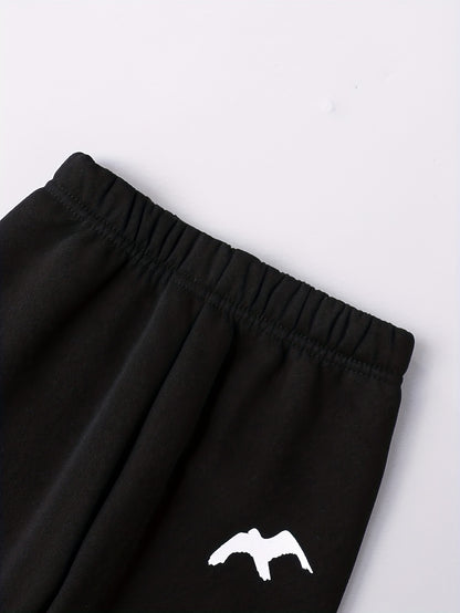 2pcs Boys' Autumn/Winter Fleece-Lined Hooded Zip-Up Jacket and Pants Set with Bird Print, Simple Color Block Design with Pockets, Fashionable Sporty Outfit for Outdoor Activities and Daily Wear, 100% Polyester Knit Stretch Fa