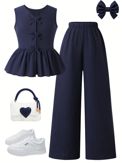 Girls' Summer Front-Tie Top & Wide-Leg Pants Set Casual