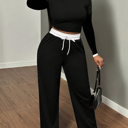 A Two-Piece Set Featuring a Sexy Color-Block Round-Neck Long-Sleeve T-Shirt Paired with High-Waisted Belted Trousers - ayq