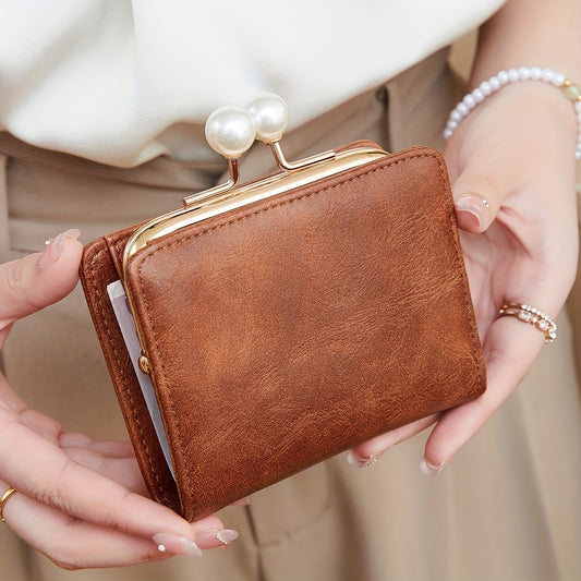 Women's Wallet Short Compact Three Layer LargeCapacity Retro Pearl Wallet High Quality PU Multi Card Seat/Coin ZeroWallet