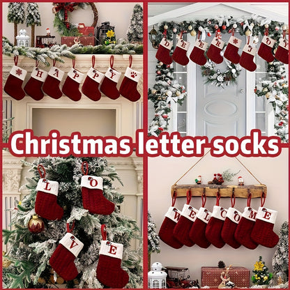 Knitted letter Christmas stockings, Christmas stockings, small Christmas English letter hanging stockings, Christmas stockings, double-sided fireplace hanging stockings, suitable for Christmas party decorations, New Year part