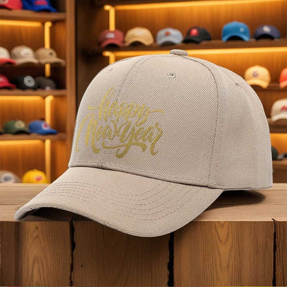 Men's Happy New Year Print Trucker Hat - Breathable Lightweight All-Season Cap with Golden Lettering & Confetti Design, Black & Golden Party Hat for Christmas, New Year's Eve, Mardi Gras - Machine Washable Casual Sport Cap fo