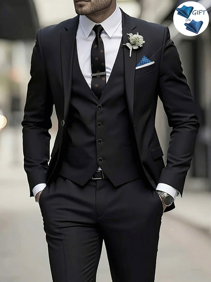 Men's 3-Piece Polyester Suit Set with Jacket, Vest & Trousers