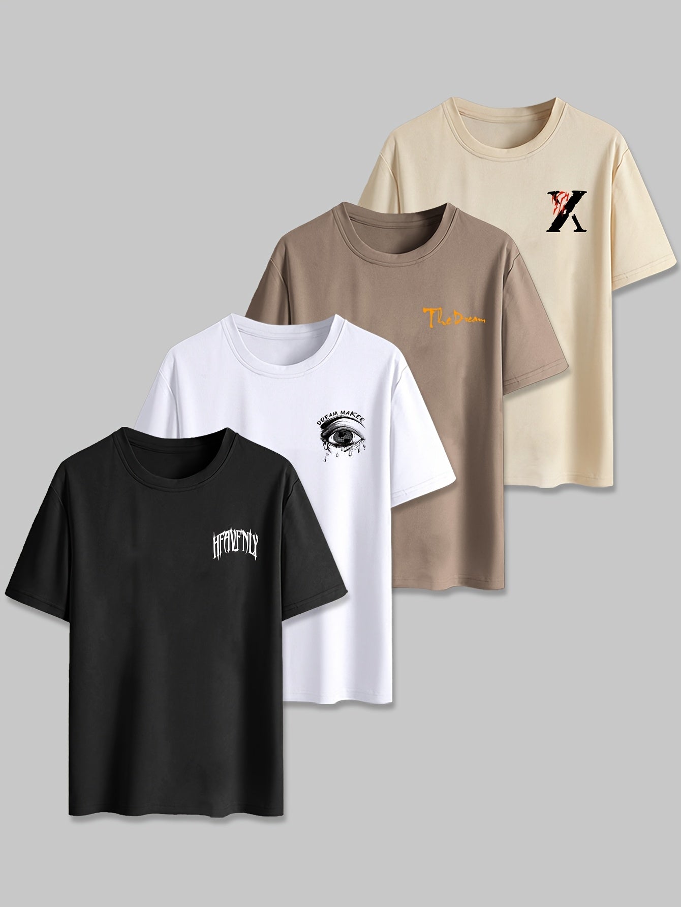 4pcs Men's Graphic Tees - "Heavenly"  More Designs, Casual Crew Neck Short Sleeve T-Shirts in Beige, Black, White - Lightweight Polyester for Summer Outdoor Wear
