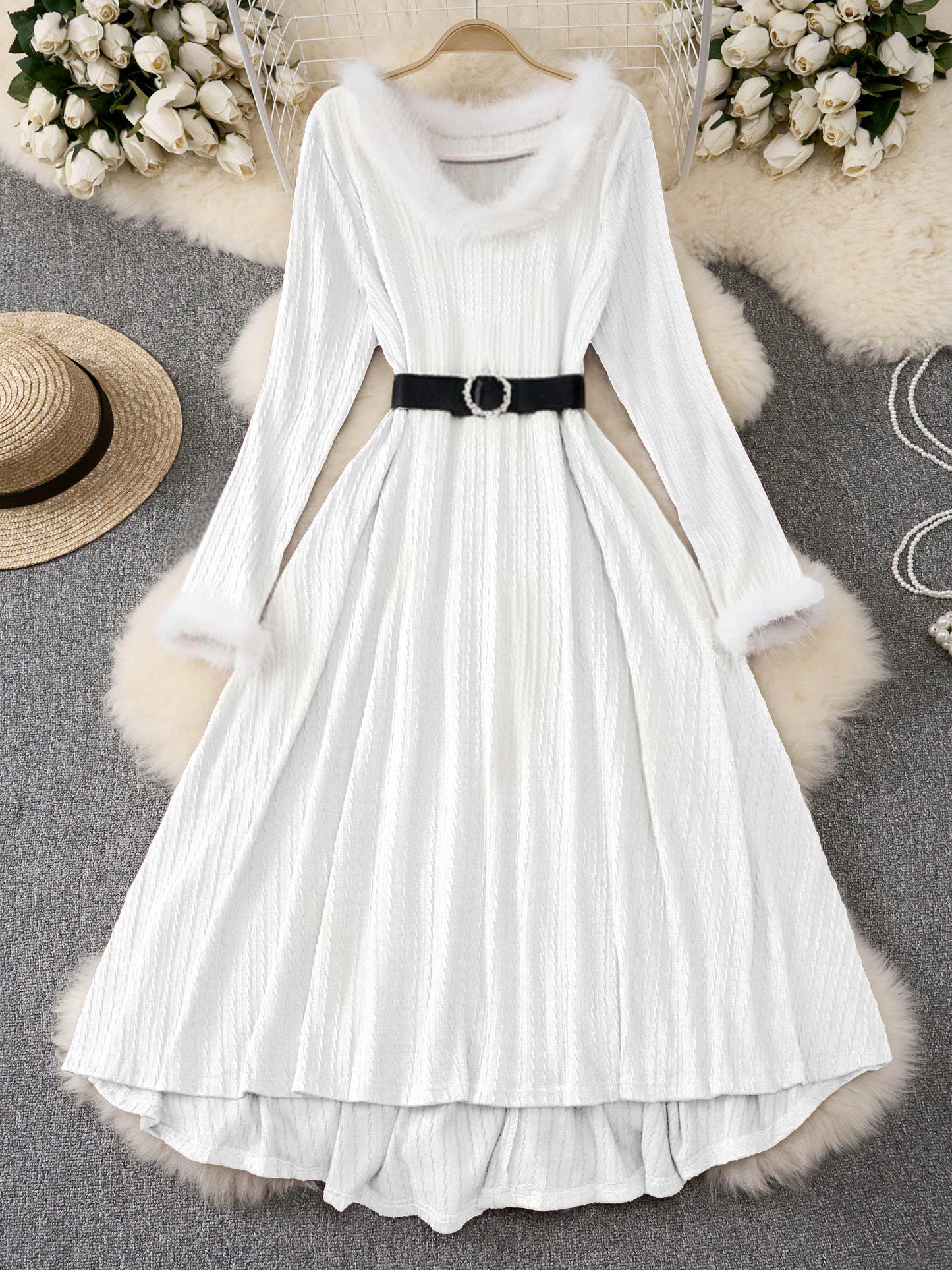 Plus Size - Plus Size, Women'S Elegant Formal Party Dress - Long Sleeve V-Neck with Adjustable Waist Belt, Flared Skirt - Elegant Evening Gown for Christmas, Galas, Weddings - Plus Size Friendly - Black Formal Attire, Formal